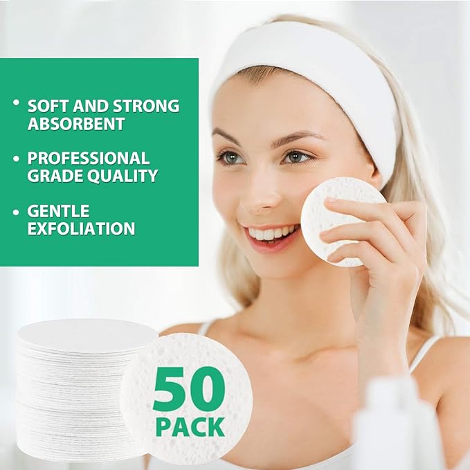 50-Count Compressed Facial Sponges, 100% Natural Cellulose Spa Sponge Perfect for for Daily Cleansing, Exfoliating, Removing Dead Skin and Makeup Removal