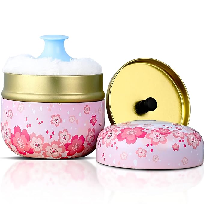 Body Powder Case with Powder Puff Powder Container Tea Canister for Baby and Adult Body Talcum Powder Tea Box (Pink Flower)