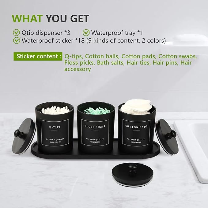 3 Pack Qtip Holder - Bathroom Organizers and Storage, Cotton Round Holder Cotton Swab Ball Dispenser Holder with Tray, Glass Apothecary Jars with Lids, Floss Pick Containers -black black