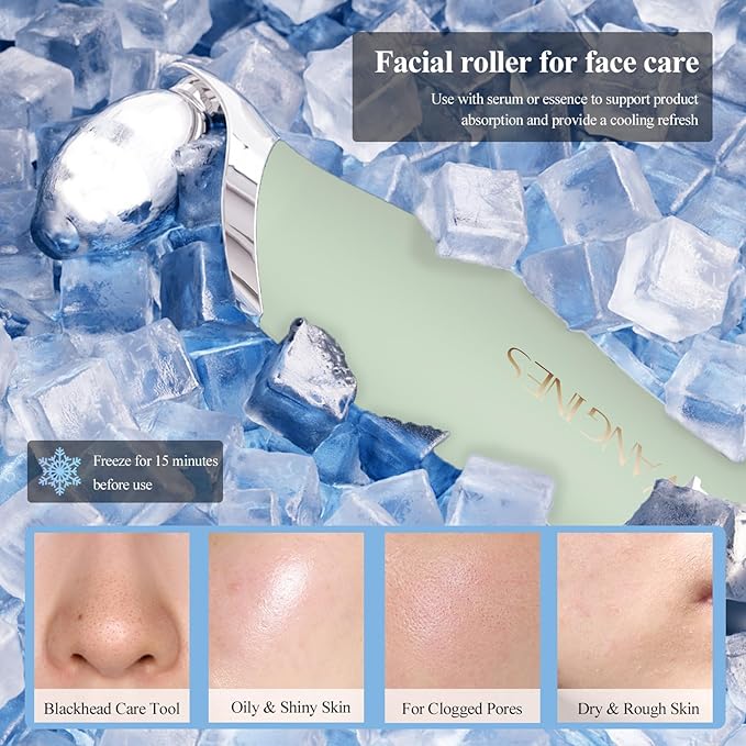 3-in-1 Blackhead Remover Tool with Ice Roller & 2 Silicone Brush Heads - Pore Cleaning Face Spatula, Stainless Steel Skin Scraper for Nose, T-Zone Deep Cleansing (Sage Mist)