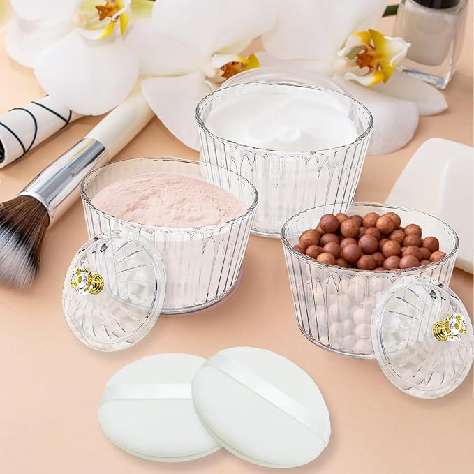 3 Pcs Body Face Plastic Powder Puff and Container Dish 3.15 inche Fluffy Soft Large Powder Puff for Women(Roman jar Shape)