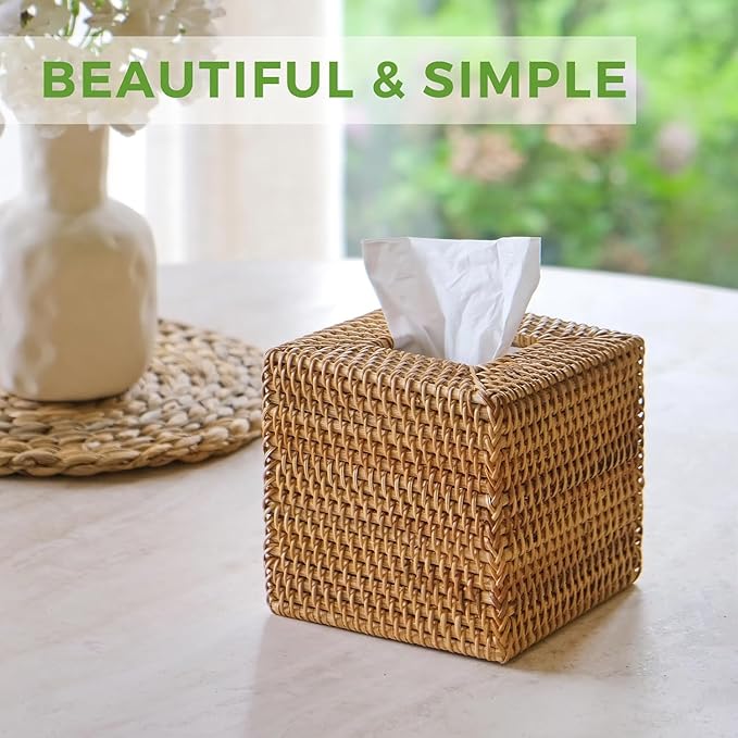 2 Pack Natural Rattan Tissue Box Cover, Hand Woven Square Wicker Holder for Facial Tissues, Wicker Napkin Holder Ideal for Bathroom Living Room, Tissue Holders Decorative for Kitchen Office and Desk