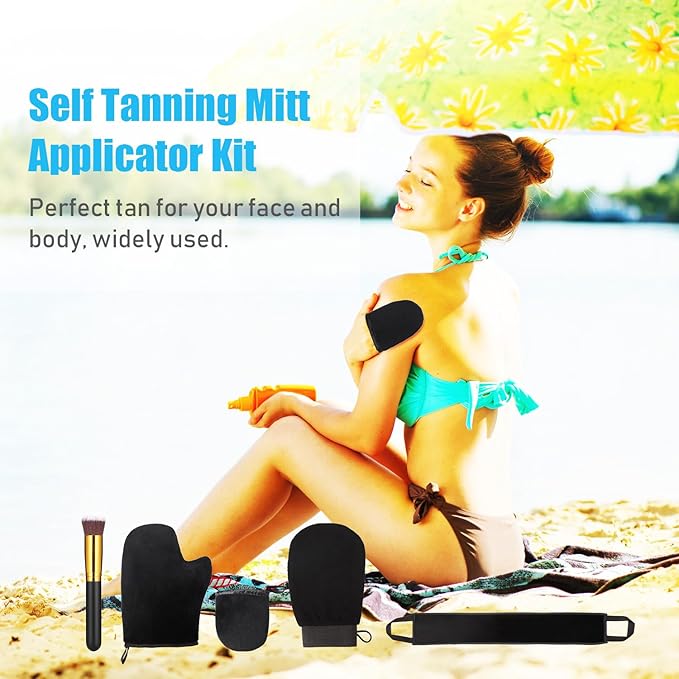 Boao 5 Pieces Self Tanning Mitt Applicator Kit, Includes Tanning Mitt, Exfoliating Glove, Mini Face Glove, Back Lotion Applicator, and Large Brush Makeup