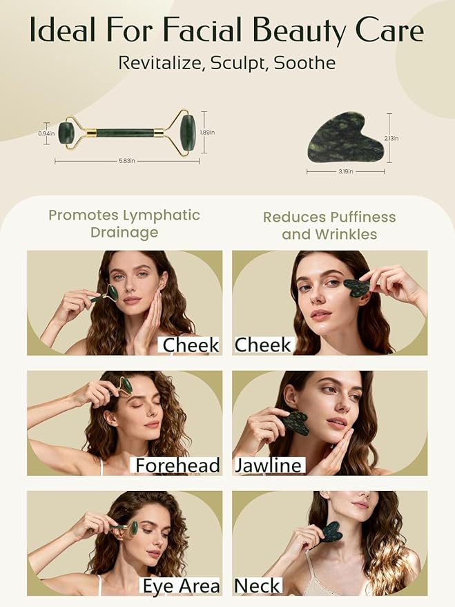 Face Roller & Gua Sha Facial Tools, Face Massager for Self Care, Jade Roller for face, Jawline Sculpting and Puffiness Reducing