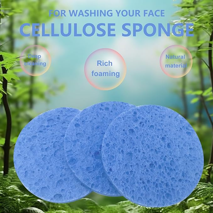 50-Count Large Compressed Facial Sponges for Estheticians, Daily Cleansing and Gentle Exfoliating- 100% Natural Cellulose Spa Sponge Perfect for Removing Dead Skin, Dirt and Makeup (Round 2.95",Blue)