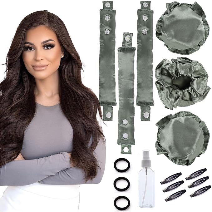3 Sets Satin Heatless Curlers to Sleep in Bun Bons Heatless Curling Set Silk Harmless Hair Curls Rollers with Bonnet Cap Soft Overnight Curls Blowout Rods No Heat Headband Wrapper Green