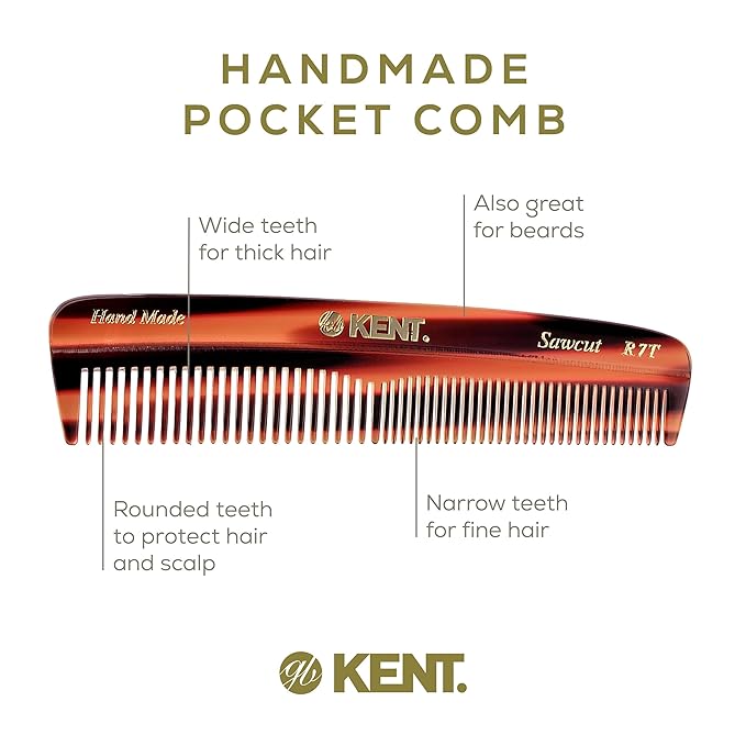 Kent R7T Double Tooth Comb, Fine/Wide Tooth for Hair, Beard and Mustache Grooming, Coarse/Fine for Men, Women and Kids - Saw Cut, Hand Polished, Handmade in England (3 pack)