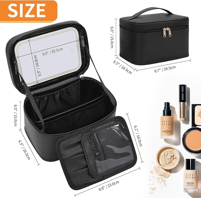 OCHEAL Makeup Bag With LED Mirror, Travel Makeup Bag With 3 Color Setting Light Up Mirror Cosmetic Organizer Vanity Case for Women Beauty Tools Accessories Rechargeable Makeup Travel Bag-Black