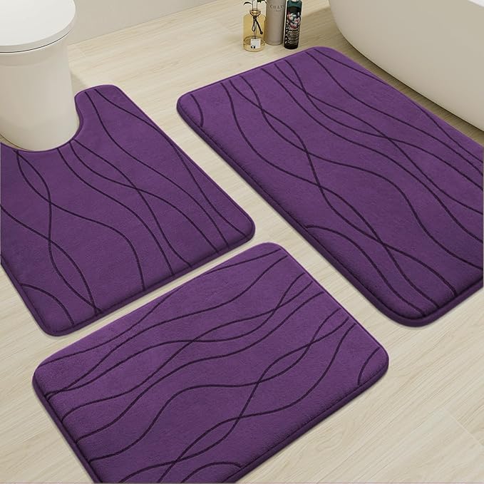 YIHOUSE Memory Foam Purple Bathroom Rug Sets 3 Piece, Ultra Absorbent Bath Mat for Bathroom - Non-Slip Machine Washable & Dry Quickly, 3 Piece Bathroom Mat Set, Purple
