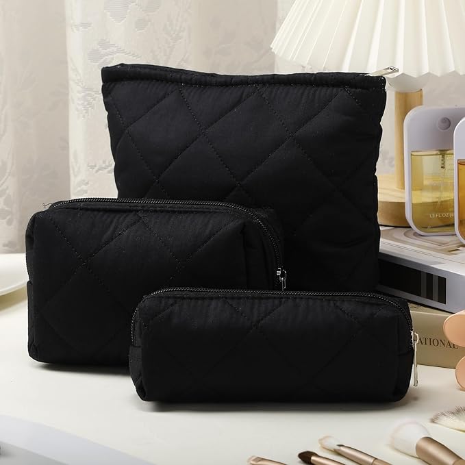 Paterr 3 Pcs Quilted Makeup Bag Set Small Bridesmaid Cosmetic Bag Aesthetic Travel Toiletry Pouch Cute Purse Pencil Case Makeup Storage Organizer for Women Birthday Gifts(Cotton,Black)