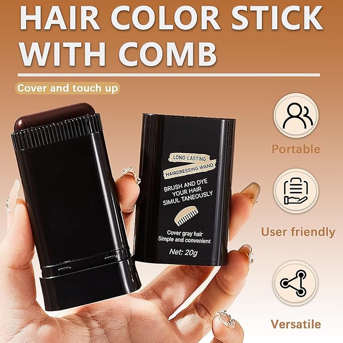 2-in-1 Instant Hair Color Stick & Comb, 2 Pcs Portable Color Touch-Up Hair Sticks with Comb, Waterproof and Sweat-Proof Hair Dye Comb, Quick Root Touch-Up for Gray Hair Coverage (Brown balck)