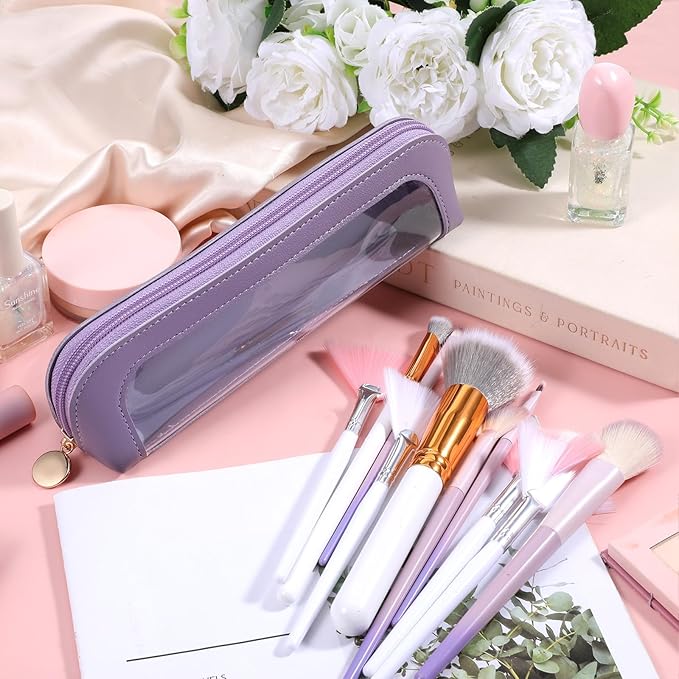 Small Clear Makeup Pouch, PU Leather Portable Makeup Brush Bag Travel Transparent Waterproof Cosmetic Organizer Pouch with Zipper for Women Home Travel Office Cosmetic Storage (Dark Purple)