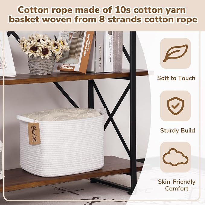 Goodpick Rope Basket, Storage Baskets for Organizing, Rectangle Baby Nursery basket with Handles, Small Woven Basket for Shelves, Living Room, 13 x 10 x 9 Inches, White