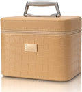 Fashion makeup box, Portable leather hard cosmetic case with mirror, Professional train case make up box for women adults. (Beige)