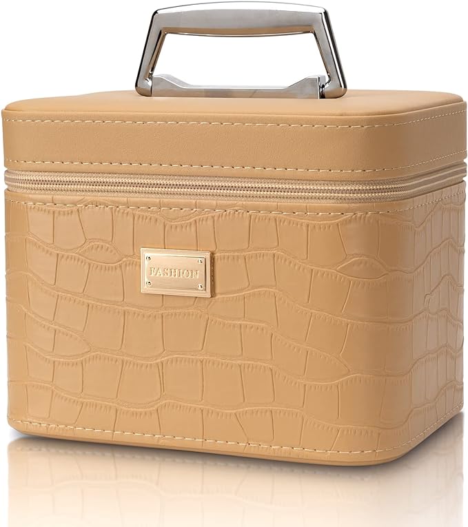 Fashion makeup box, Portable leather hard cosmetic case with mirror, Professional train case make up box for women adults. (Beige)