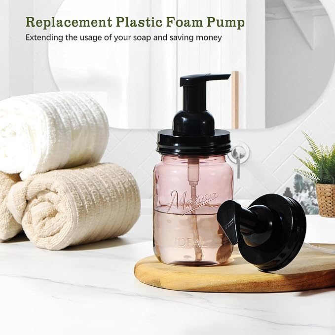 Amolliar Mason Jar Foaming Soap Dispenser Lids, Plastic Foam Pump Lids for Regular Mouth, Foaming Replacement Pump Set, Farmhouse Kitchen BathroomShower, Includes Waterproof Stickers - 2 Pack, Black