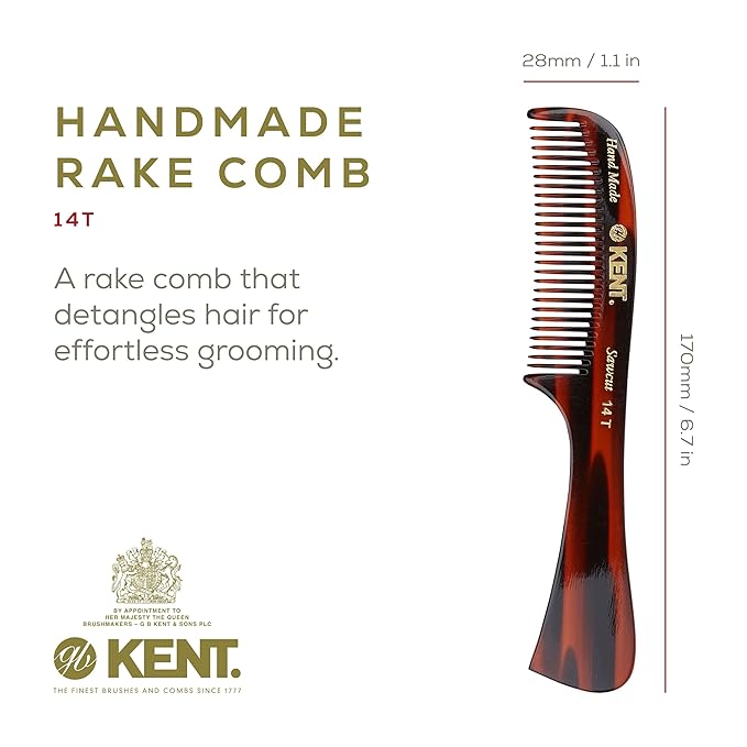 Kent 14T Tortoise Large Detangling Comb, Wide Teeth for Long Thick Curly Wavy Hair. Hair Detangler Comb For Wet and Dry. Saw-Cut from Cellulose and Hand Polished, Handmade in England