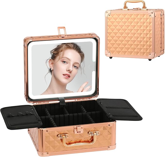 Leeora&Leekoo Makeup Box with Lighted Mirror,Portable Makeup Train Case Organizer (Rose Gold)