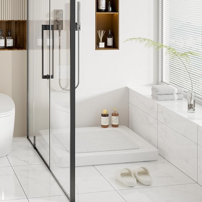 HITSLAM Square Shower Mat Non Slip, Bath Tub Mat for Textured Surface, Soft PVC Loofah Bathtub Mats Without Suction Cups, Quick Drying Shower Floor Mat, 24 x 24 Inch Bathroom Accessories, White