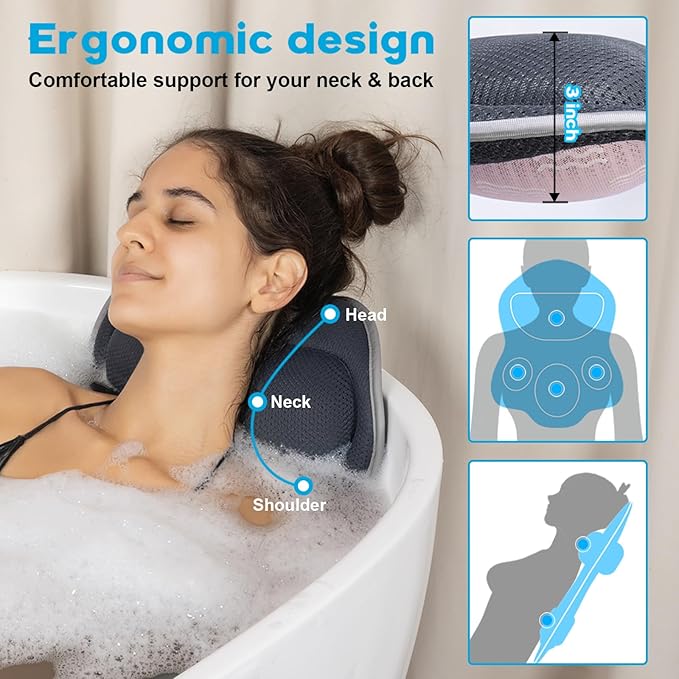 Bath Pillows for Tub Neck and Back Support - Upgraded Non-Slip Rubber Backing & 6 Suction Cups, 4D Air Mesh Spa Bathtub Cushion for Head Rest, Machine Washable with Laundry Bag & Hook (Gray)