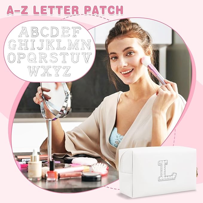Bride Gifts – Personalized Initial Makeup Bag with Pearl Rhinestone Patch, Preppy White Monogram Cosmetic/Toiletry Pouch, bridesmaid Gifts, Bridal Shower Gifts, Wedding Gifts, Bridal Gifts,L