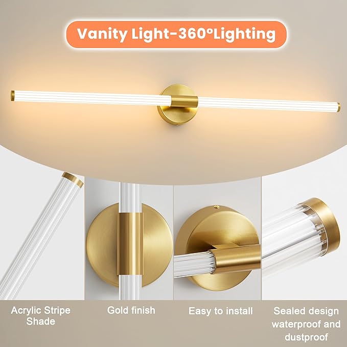 Glod Wall Sconces Set of 2 Hardwired, Dimmable 5CCT LED Bathroom Light Fixtures Over Mirror, 360° Full Lighting 39" Long Vanity Light Bar Modern Wall Sconce for Bathroom Bedroom Living Room