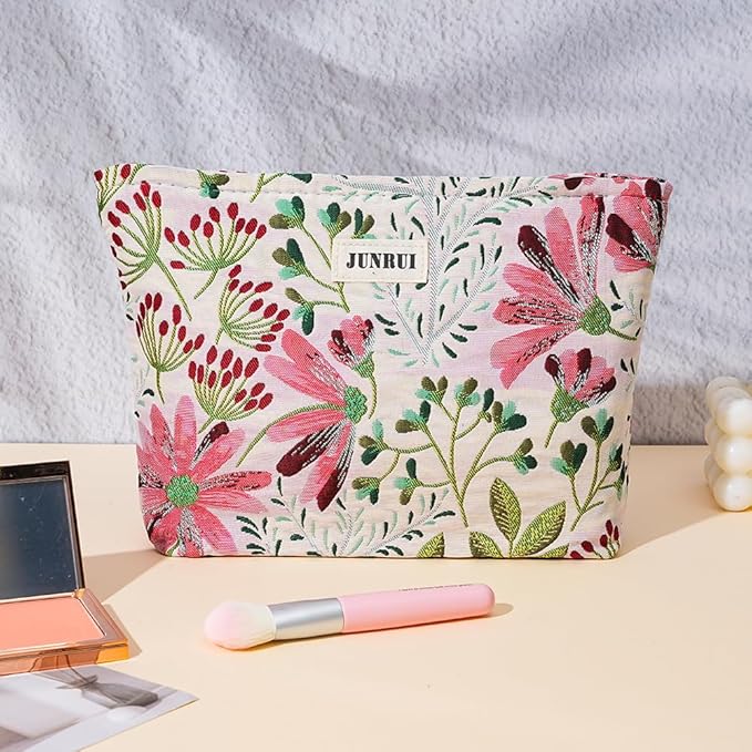 Makeup Bag Small Cute Cosmetic Bags for Women，Floral Travel Toiletry Bag for Purse, Large Canvas Cosmetic Pouch Makeup Organizer Tool Pouch with Zipper（Colorful Plant）