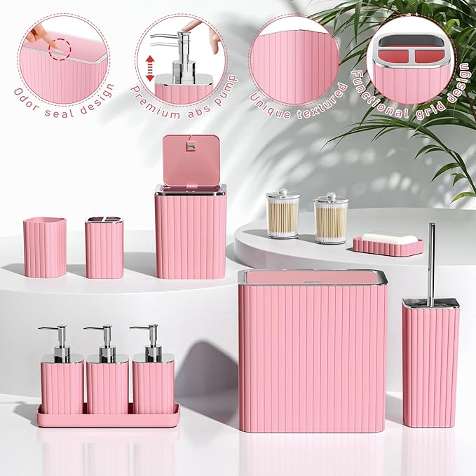 Bathroom Accessory Set - Bathroom Set, 27PC Bathroom Accessories Set, Pink Bathroom Sets with Shower Curtain and Rugs, Mini Trash Can, Toilet Brush, Trash Can & Soap Dispenser