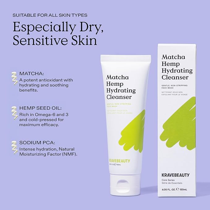 KraveBeauty Matcha Hemp Hydrating Cleanser for Sensitive Skin, 2 Pack, Gentle, Non-Stripping Face Wash with Matcha, Hemp Seed Oil & Glycerin, Fragrance Free, 2 x 120ml