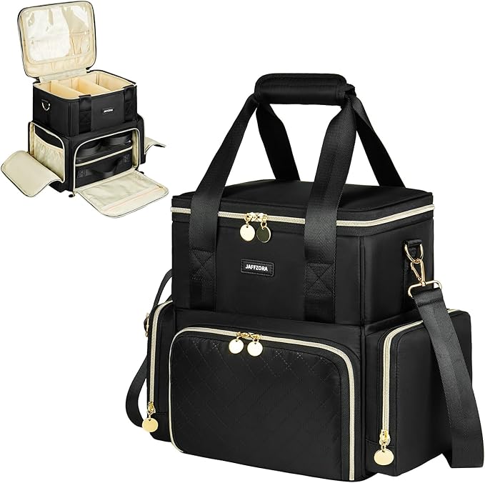 Extra Large Makeup Bag with 3 Removable Cases, Double Layers Travel Cosmetic Storage Organizer Bag with Detachable Dividers, Black