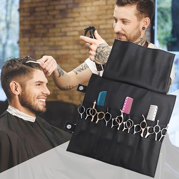 Salon Scissors Bag Roll Up, 14 Pockets PU Stylist Grooming Scissors Holder Barber Hair Scissor Shears Cases for Hairdressers (HJ-ZP012-Black)
