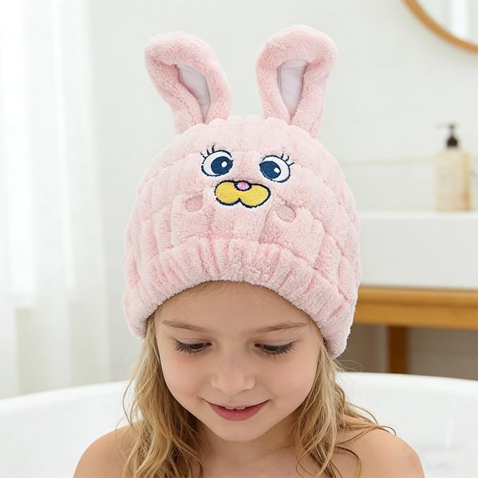 2 PCS Microfiber Hair Towel Wrap for Kids, Girls & Women,Cute Unicorn and White Rabbit Dry Hair Cap - Super Absorbent Quick Drying, Lightweight Turban Towel for Wet Hair (Brown) (Color A)