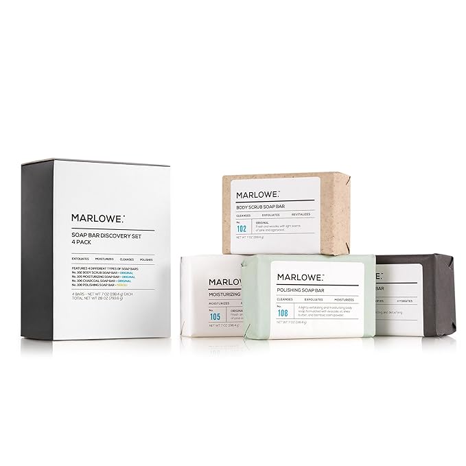 MARLOWE. Soap Discovery Gift Set, Mens Skin Care Variety Selection of Exfoliating Body Scrub, Charcoal, Moisturizing & Polishing Body Bar Soaps for Men, 4 Pack