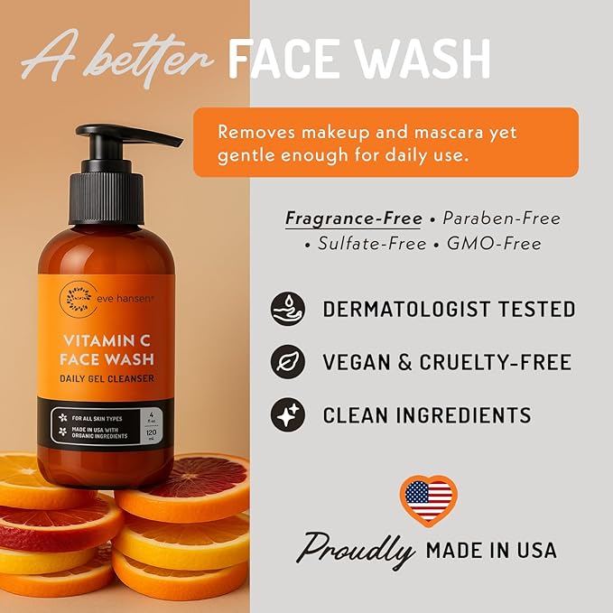 Eve Hansen Vitamin C Cleanser Face Wash | Anti Aging Facial Cleanser for Fine Lines, Age Spots, Dark Circles | Cruelty Free Skin Care Cleansing Gel with Aloe Vera, Vitamin E (4 oz)