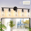 DLLT 5-Light Bathroom Light Fixtures: Black Modern Vanity Lights with E26 Bulbs - Clear Glass Shade Bathroom Wall Lamp for Mirror Kitchen Living Room Hallway Cabinet Porch