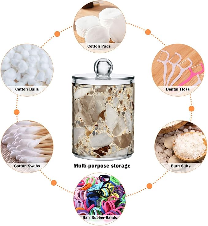 2 Pack Beige and Brown Marble Print Apothecary Jars with Lid, 10 Oz Clear Plastic Apothecary Jar Set Qtip Holder Storage Containers for Cotton Ball Swabs Bathroom Vanity