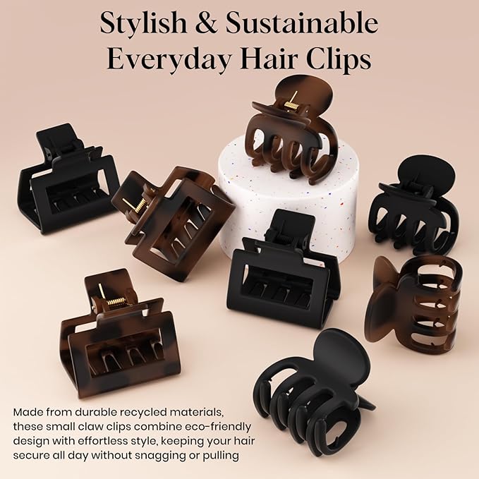 8 PCS Medium Hair Clips for Women Girls - 2 Styles Rectangle Small Claw Clips for Thin Thick Curly Hair, Stylish Matte Non-slip Strong Hold Jaw Clips Square Hair Accessories, Tortoise & Black