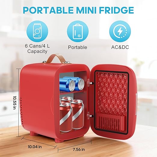 DUMOS Mini Fridge for Bedroom, 4L Compact Personal Fridge Cooler For Skincare, Drinks, And Snacks, Fits 6 Cans, Mini Refrigerator with 110V Ac/12V Dc, Ideal For Car, Dorm, Red