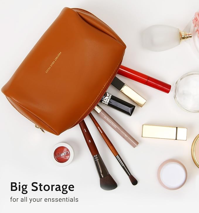 Aveniee Small Travel Makeup Bag, Vegan Leather Cosmetic Pouch for Purse,Wide-open Toiletry Organizer with Dividers & Zipper, Beauty Storage for Women-Brown
