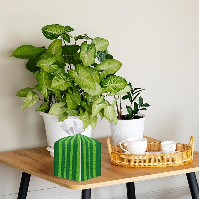 Funny Fruit Tissue Box Cover Summer Cute Green Watermelon Square PU Leather Waterproof Tissue Box Holder for Car Bathroom Bedroom Office Tabletop Decor