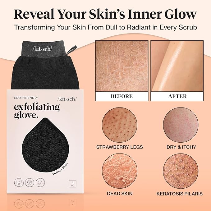 Kitsch Exfoliating Glove 1pc – Korean Exfoliating Mitt & Deep Exfoliating Body Scrubber for Shower, Bath | Body Exfoliator Glove, Dead Skin Remover | Skin Care for Smooth Skin - Black