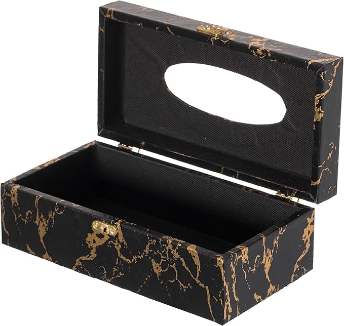 Black and Gold Marble Tissue Box Cover, Modern Tissue Box Holder with Lock for Bathroom, Bedroom, and Living Room, Rectangle Shape Dryer Sheet Holder Organizer