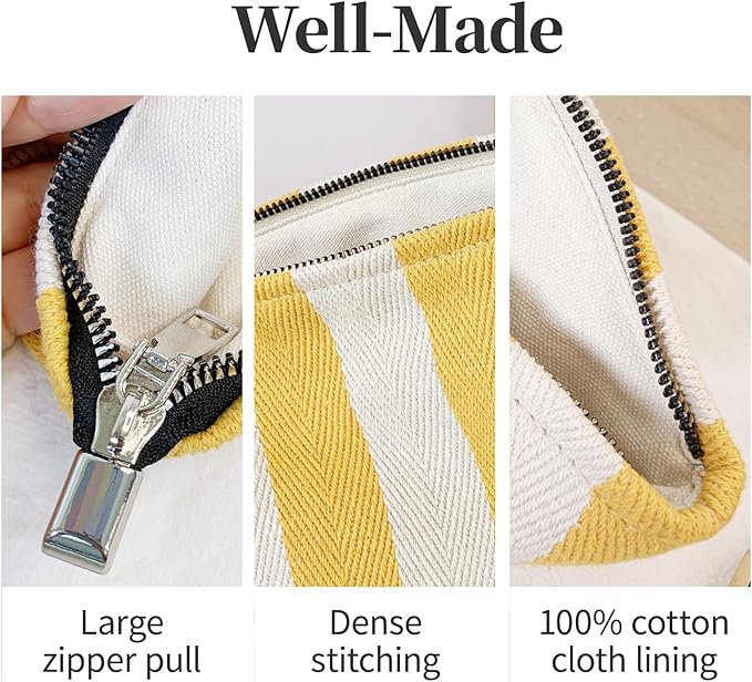 Yellow Striped Makeup Bag for Women, Canvas Cosmetic Bag, Travel Pouch for Purse, Zipper Makeup Pouch, Perfect for Storing Makeup Accessories, Daily Make up Organizer Gifting, Car Cosmetic Organizer
