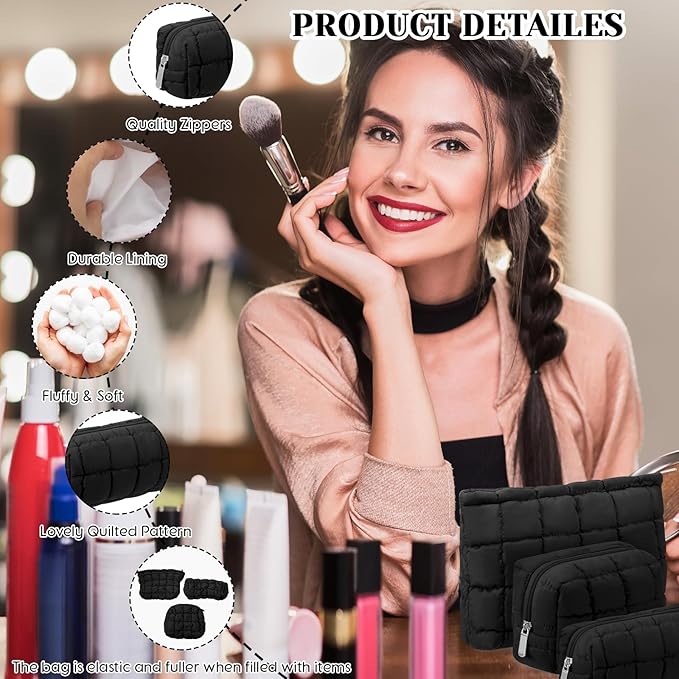3 Pcs Puffy Makeup Bag Quilted Cosmetic Pouch for Women Cute Checkered Travel Toiletry Bag Puffer Makeup Organizer Purse Pouch Preppy Pencil Case with Zipper(Black)