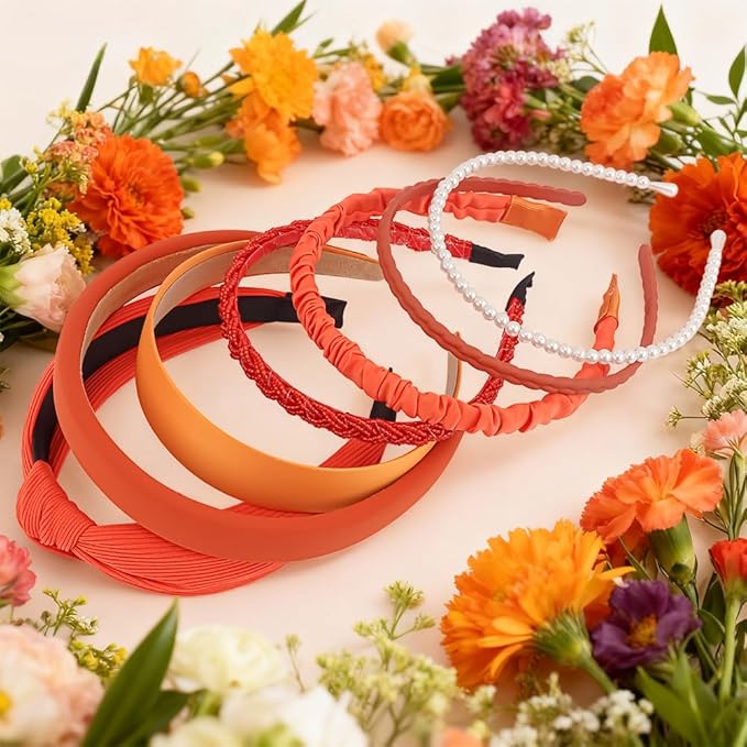 AHONEY 7 Pack Orange Headbands for Women Girls Headbands Non Slip Hairbands Fashion Hair Accessories Multi-style Headband Pack Diademas Para Muje