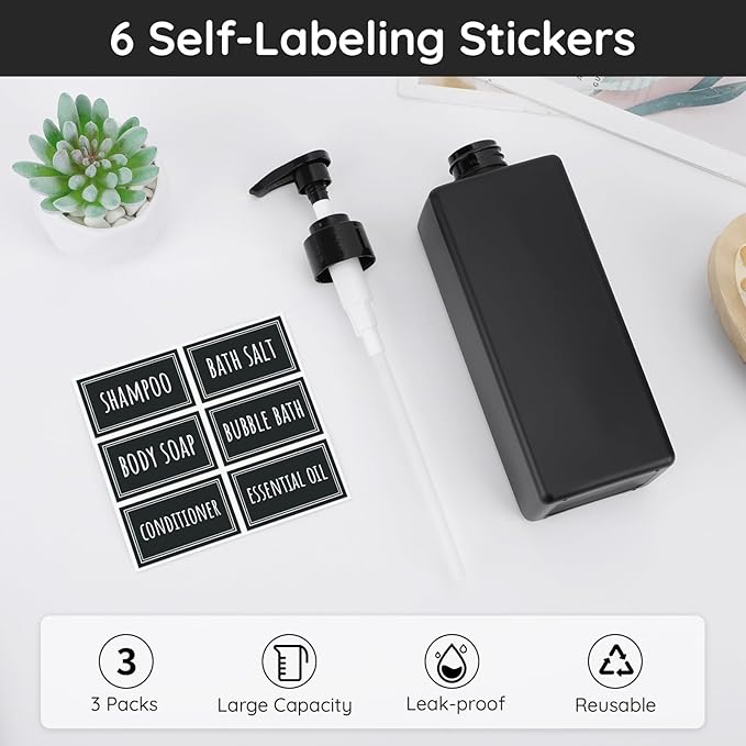 Segbeauty Matte Black Soap Dispenser, 3 Pack 16.9oz Refillable Shampoo and Conditioner Bottles with Labels, 500ml Empty Plastic Square Shower Dispenser Bathroom Soap Dispenser Set for Body Soap