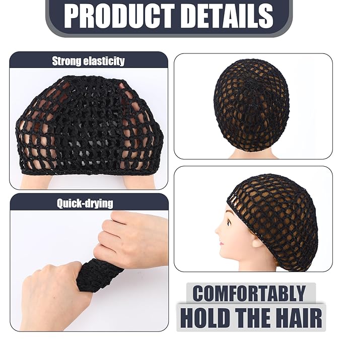 Geyoga 4 Pieces Mesh Crochet Hair Net Rayon Knit Snood Hat Thick Short Women Hairnet Snoods Cover Ornament for Sleeping(Black, Pink, Gray, Blue)