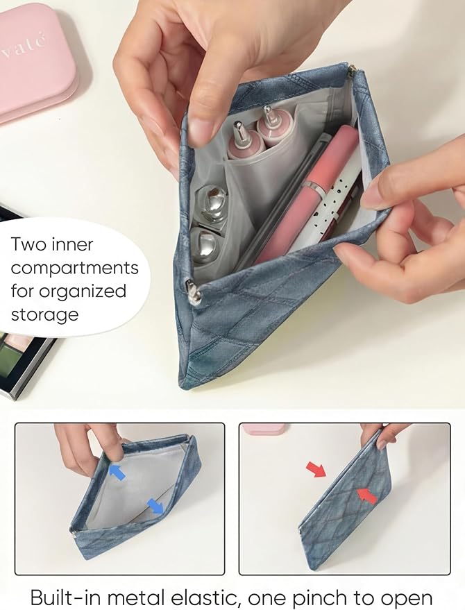 Denim Blue PU Leather Makeup Pouch Set for Women Small Checkered Make Up Bag for Purse Waterproof Initial Makeup Cosmetic Bags Pouches for Purse Aesthetic Travel Toiletry Bag,