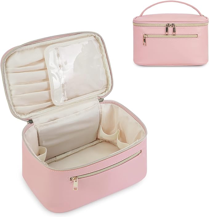 Wandering Nature Makeup Bag, Travel Make Up Organizer Cosmetic Brush Bags Case for Women in Vegan Leather, Pink, Patent Pending