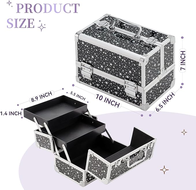 Leeora&Leekoo Makeup Train Case Cosmetic Box Portable Makeup Case Organizer 2 Trays Makeup Storage with Mirror for Cosmetologist Aesthetic Supplies Nail Tech Traveling Makeup Box (Flashing Star)